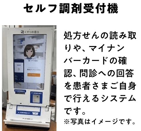 セルフ調剤受付機 処方せんの読み取りや、マイナンバーカードの確認、問診への回答を患者さまご自身で行えるシステムです。