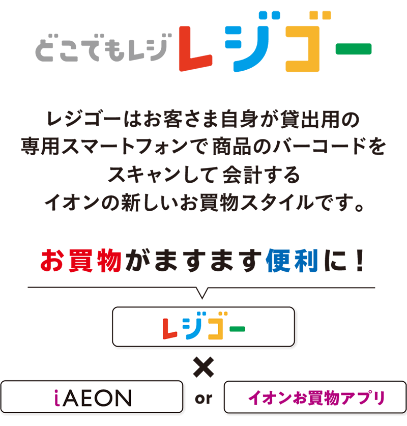 どこでもレジ レジゴー レジゴーはお客さま自身が貸出用の専用スマートフォンで商品のバーコードをスキャンして会計するイオンの新しいお買物スタイルです。