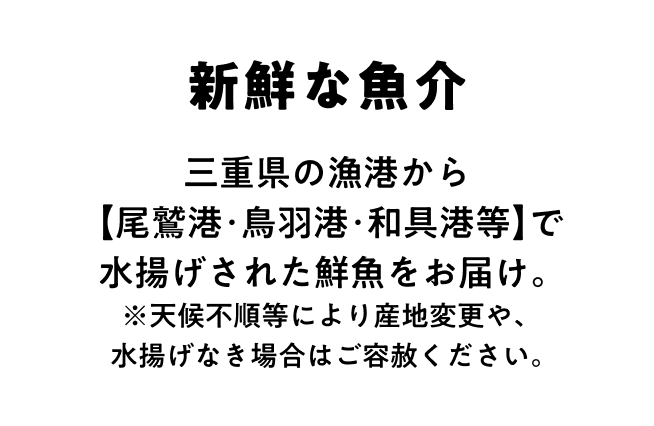 新鮮な魚介 三重県の漁港から【尾鷲港・鳥羽港・和具港等】で水揚げされた鮮魚をお届け｡ ※天候不順等により産地変更や、水揚げなき場合はご容赦ください。